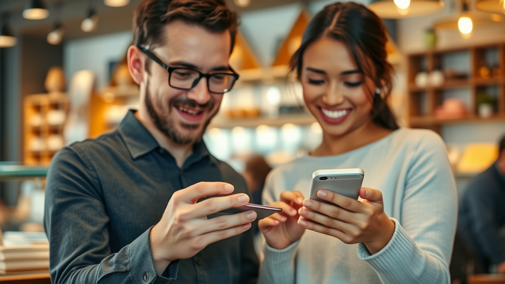 Delighted customers using a seamless mobile website, intuitive navigation, and engaging user experience in a café setting.