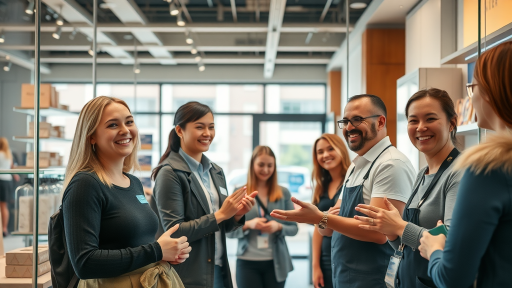 customer review management in modern retail setting with engaging staff and happy customers
