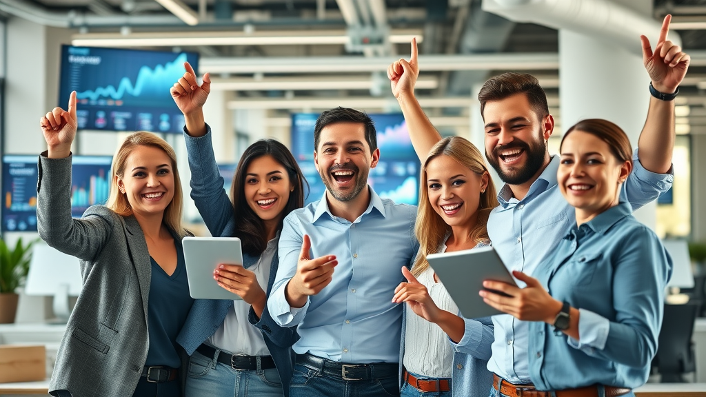 digital marketing business team celebrating growth in modern office with digital charts