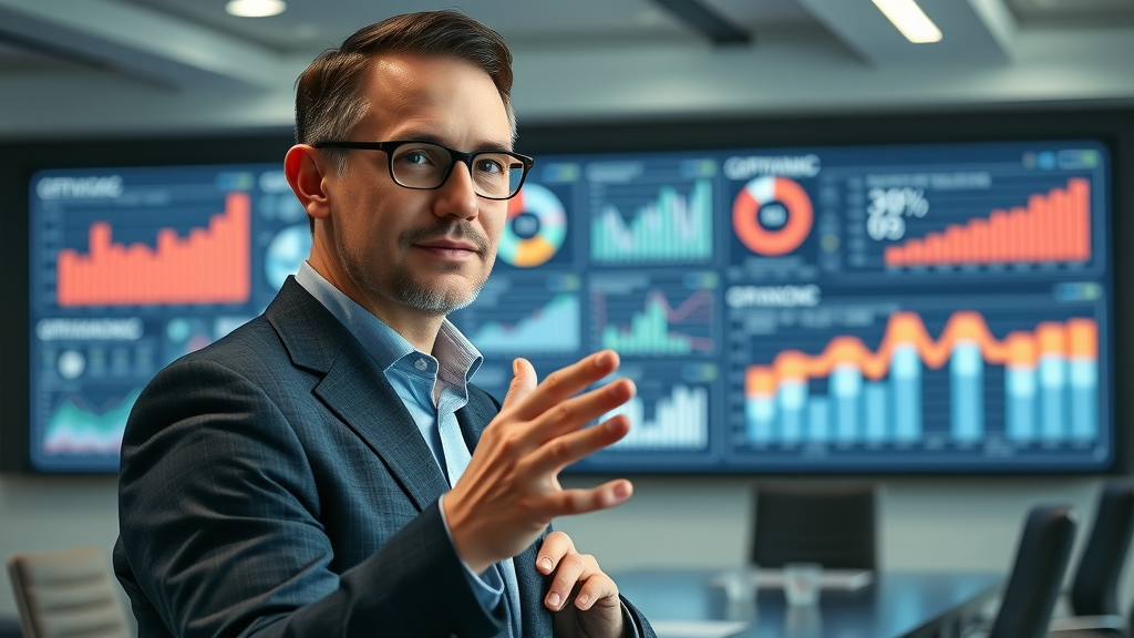 corporate analyst presenting social media reputation KPIs digital dashboard