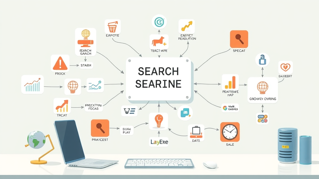 Informative infographic flowchart showing how search engine algorithms process and rank content, including arrows and nodes connecting search data on a modern, data-driven desk background.