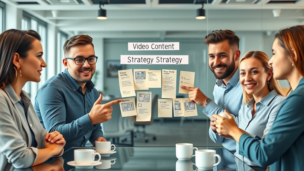 marketing team aligning video content strategy with campaign goals, campaign notes and video sketches in modern conference room