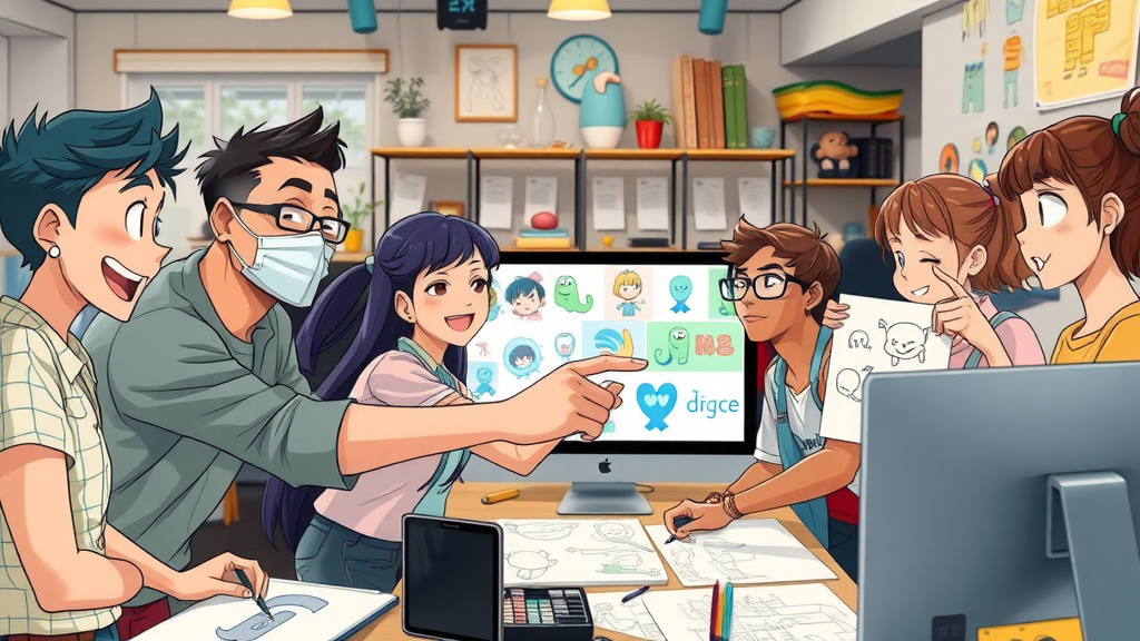animation team collaborating on explainer video character designs