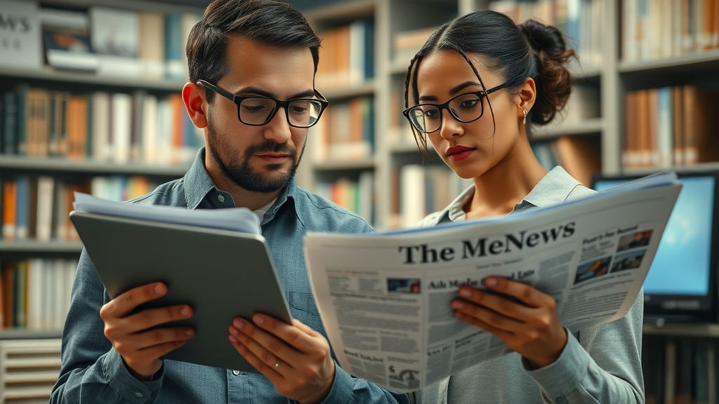 authoritative media platforms - diverse business team celebrating positive press coverage, lifelike office with news articles