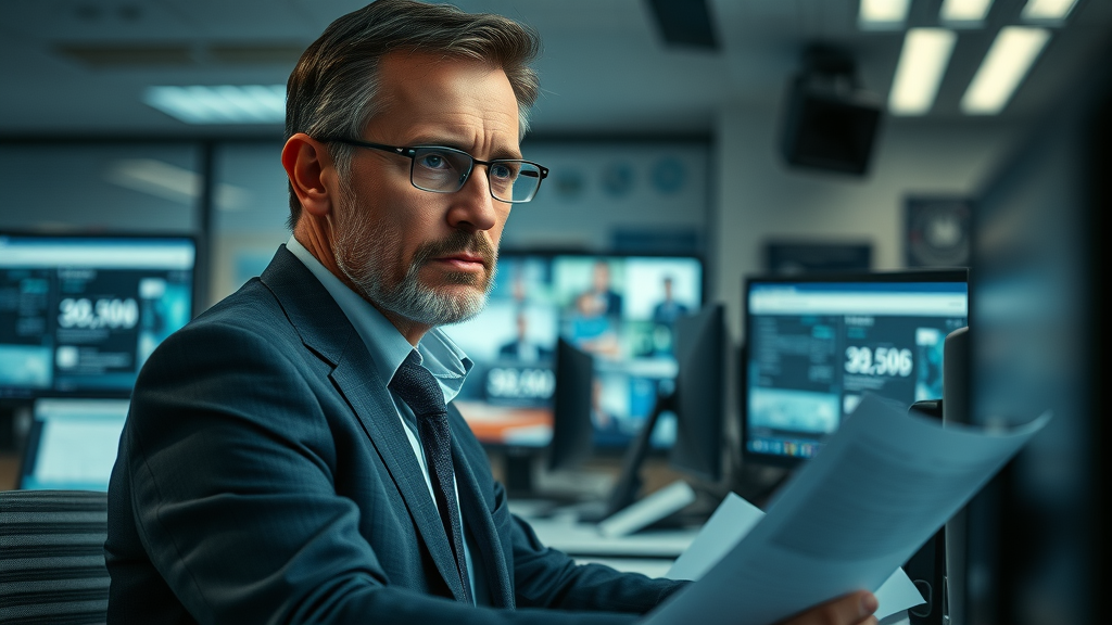 authoritative media platforms - trusted journalist reviewing sources, news office, Cinematic, cool tones
