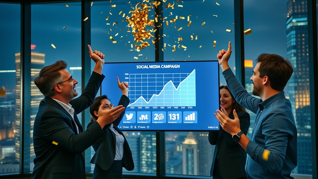 social media marketing success story business team celebrating campaign results