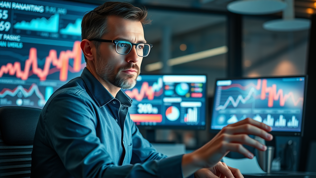 Confident SEO specialist analyzing ranking reports on digital screens, office filled with analytic charts and data flows, demonstrating expert response to algorithm change and update events.