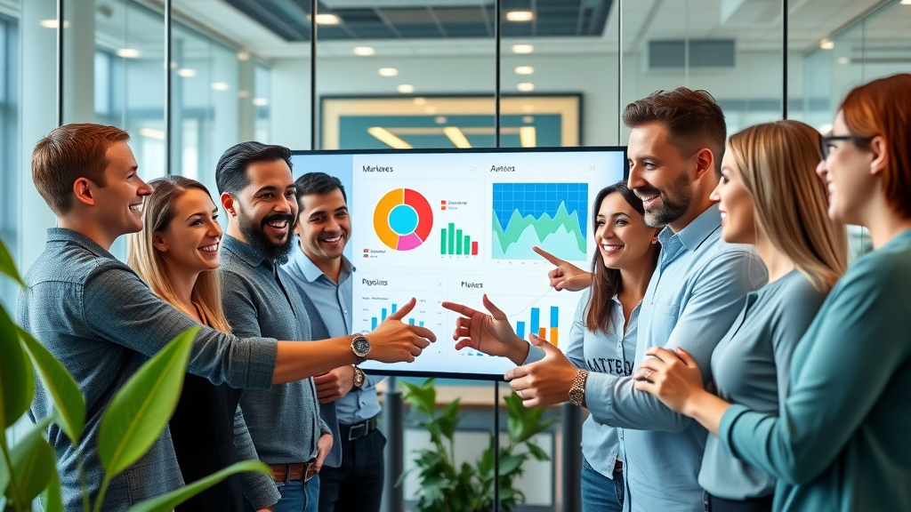 marketing analytics team analyzing digital dashboard in modern office