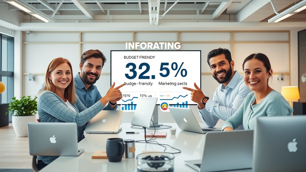 entrepreneurs reviewing statistics on budget-friendly marketing in a small business workspace