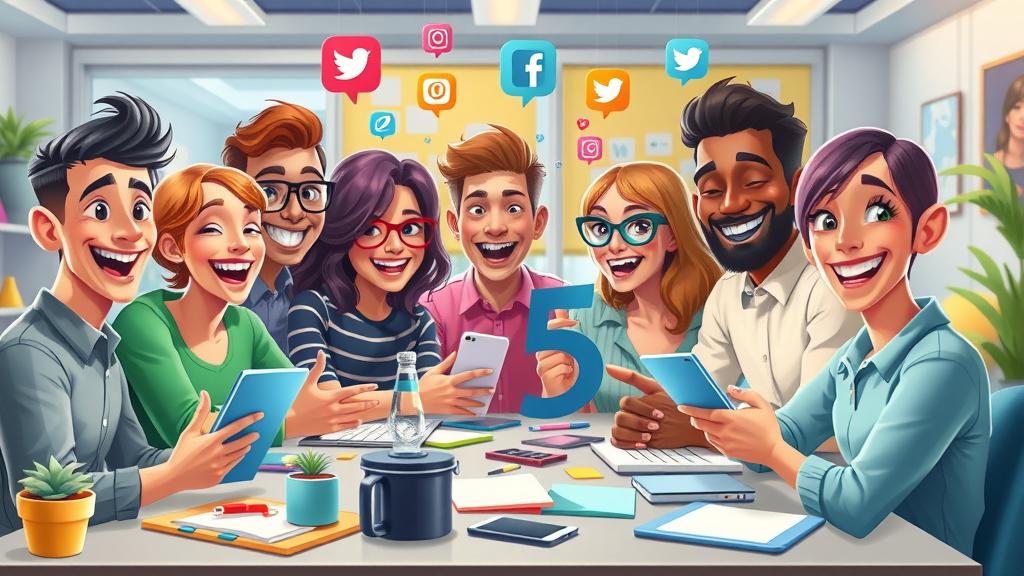 Cheerful diverse team creating social content, winning content creation tips, colorful props, digital devices, brainstorming session, creative workspace