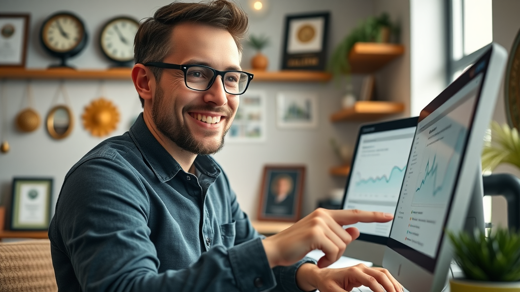 local entrepreneur reviewing analytics dashboard, digital marketing for small businesses