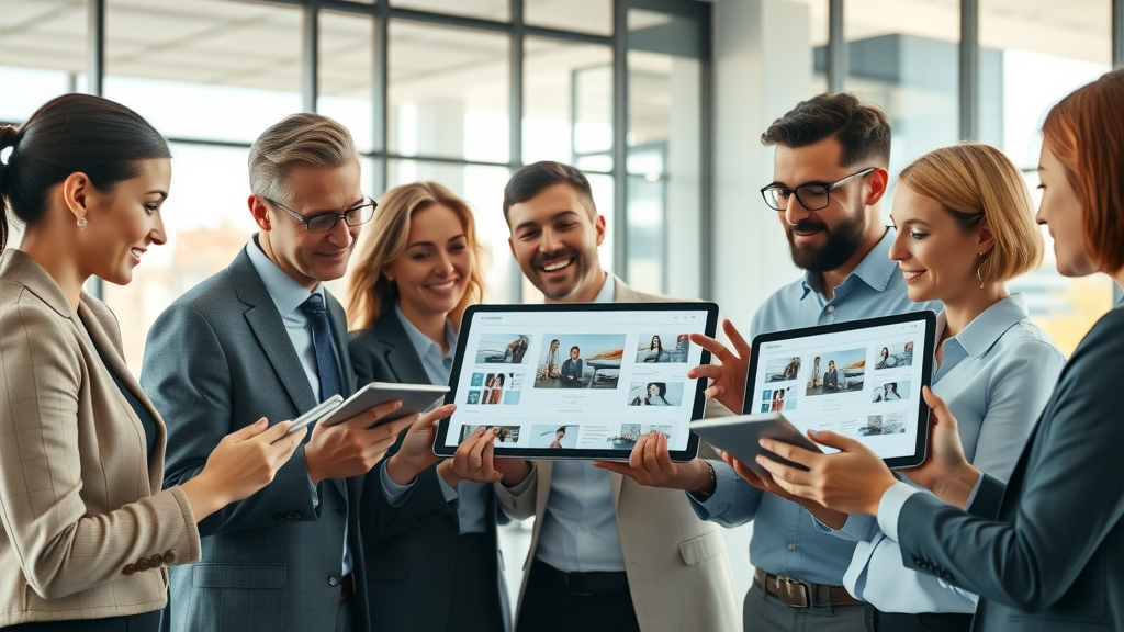 modern business office, diverse group of professionals collaborating, discussing website layouts on digital tablets – responsive web design