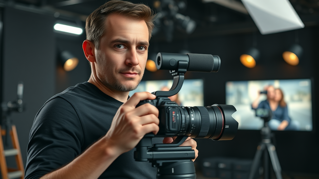 video production with cinematographer using modern camera and gimbal for professional quality video