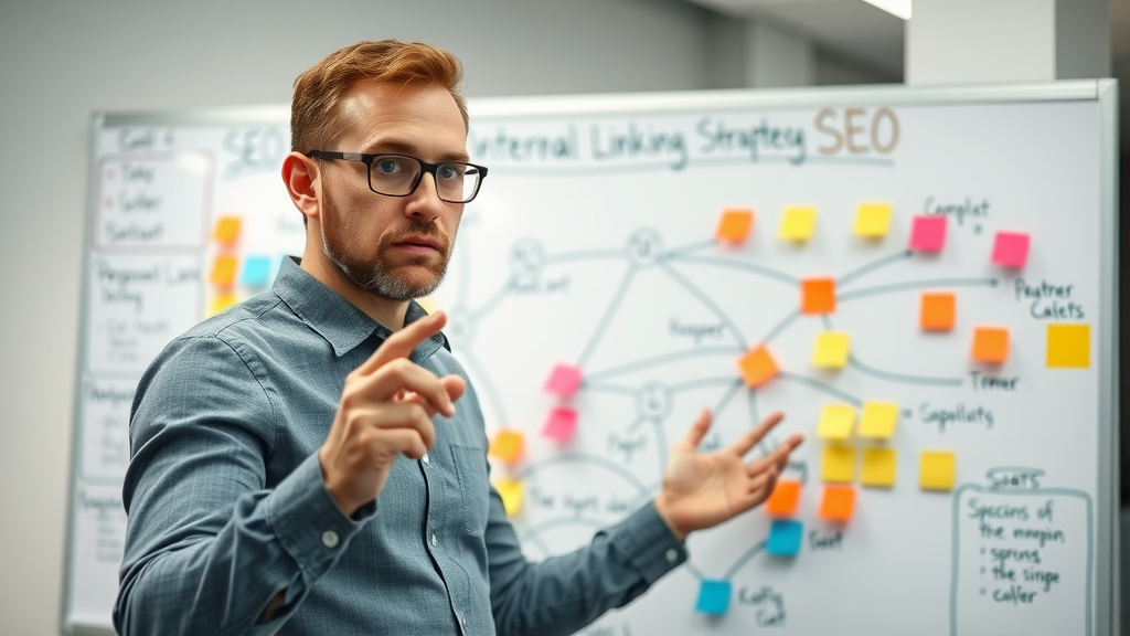 SEO planner mapping internal link strategy on whiteboard; linking pathways; internal linking for page optimization