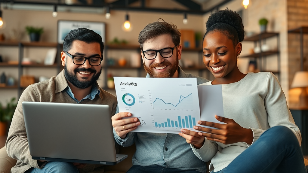diverse small business owners, digital marketing analytics review, successful online marketing strategies, retail office with laptop reports