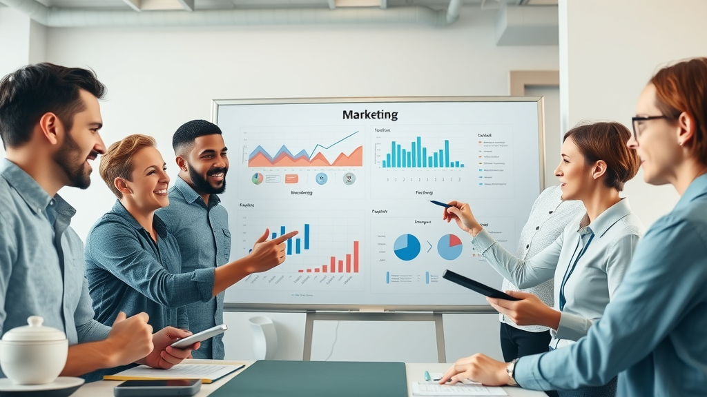 marketing team developing social media reputation management strategy, analytics digital whiteboard