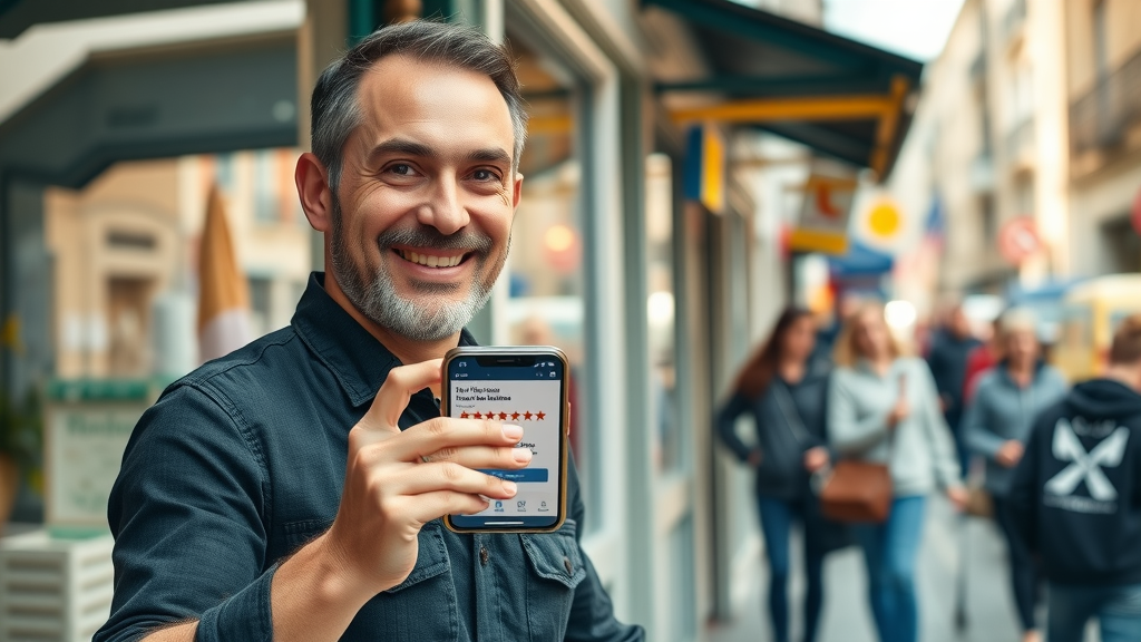 local business owner showing mobile phone with positive reviews and NAP consistency