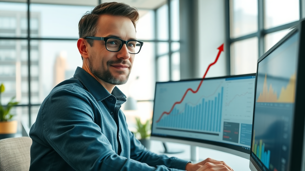 seo techniques dynamic upward graph on computer screen, confident marketing analyst analyzing SEO ranking growth, modern digital agency office with data and charts on monitors