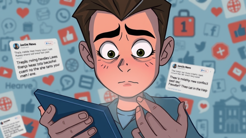 authoritative media platforms - concerned social media user scrolling through conflicting posts, highly detailed cartoon, digital icons