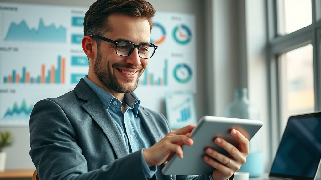 Business owner reviewing website conversion rate optimization stats on tablet in modern workspace