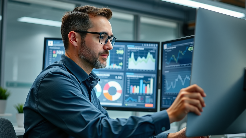 Marketing analyst reviewing lead generation metrics and analytics dashboard for content marketing