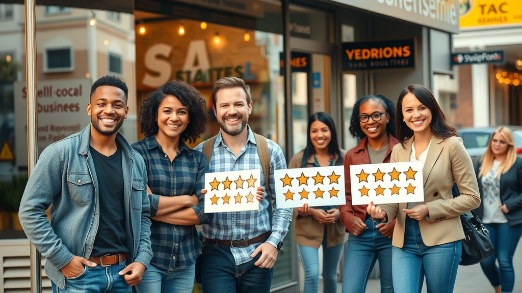 seo techniques diverse small business owners outside storefront, celebrating 5-star local reviews, urban street background