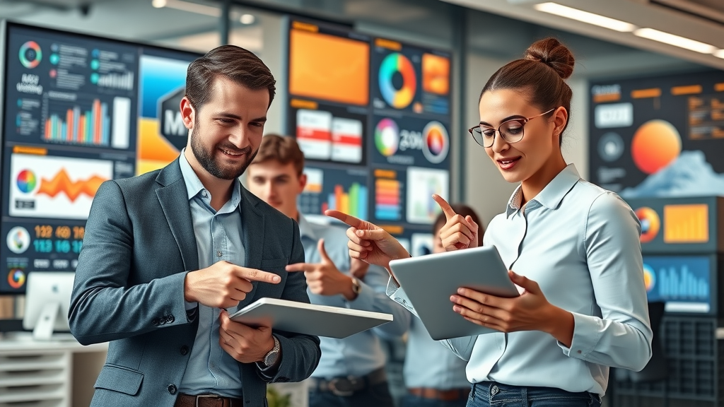dynamic collage of modern marketing tools, professionals collaborating, digital marketing strategies, technology displays, infographics, people interacting with laptops in sleek office