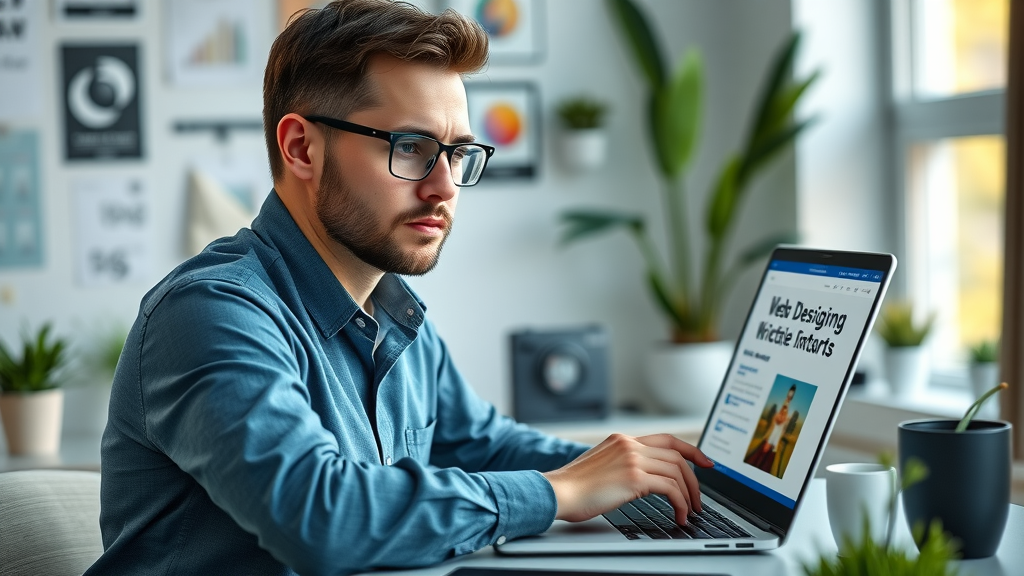 motivated entrepreneur building online authority with a media site on laptop in modern workspace