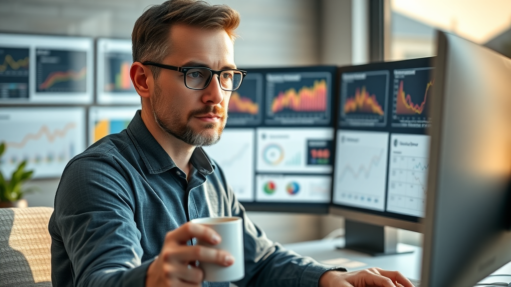 focused digital marketer conducting an online brand reputation audit, analyzing multi-platform dashboards, online presence metrics
