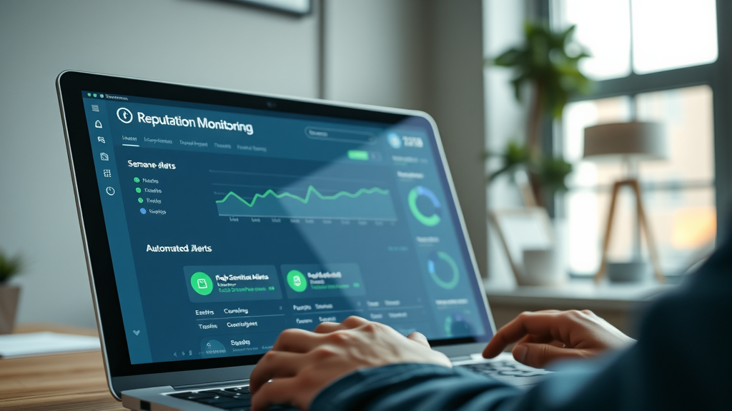 sleek user interface of reputation monitoring software with real-time sentiment analysis and automated alerts on digital dashboard