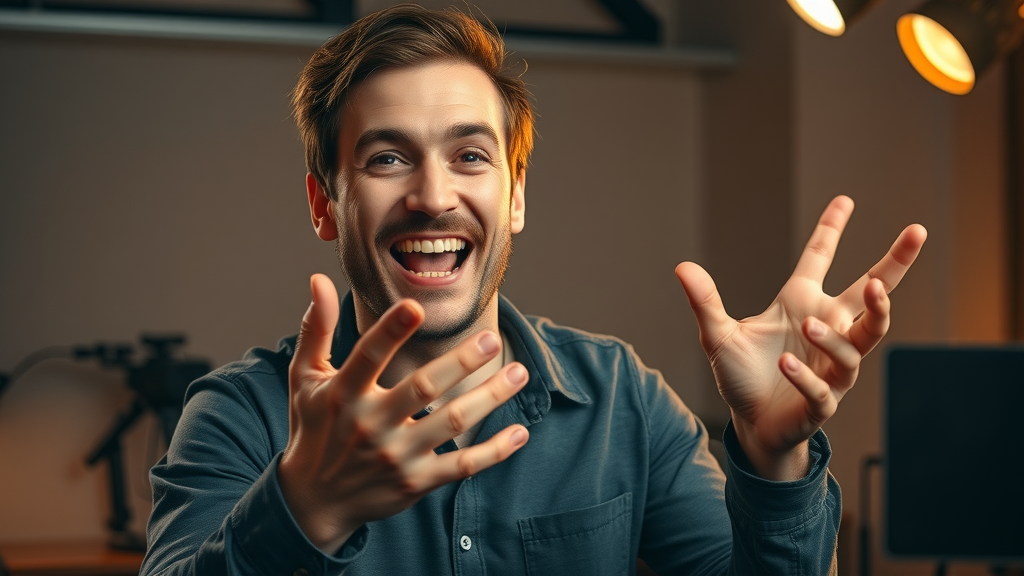 inspiring video creator demonstrating storytelling with expressive gestures and multimedia, engaging video content creation studio