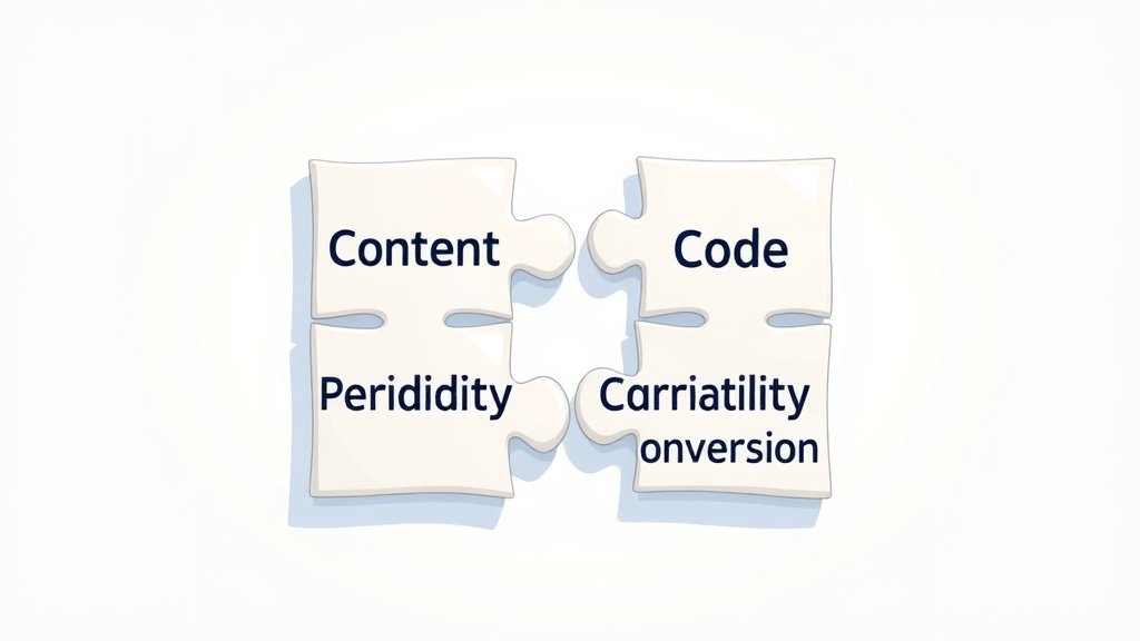 Illustration of SEO pillars: Content, Code, Credibility, Conversion