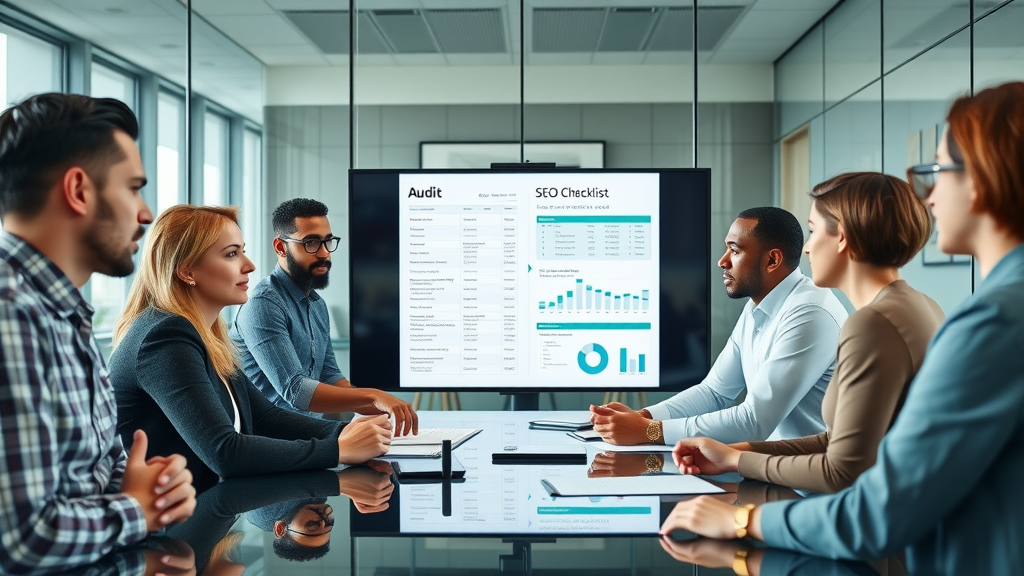 A diverse team reviewing a digital SEO audit checklist during a modern business meeting