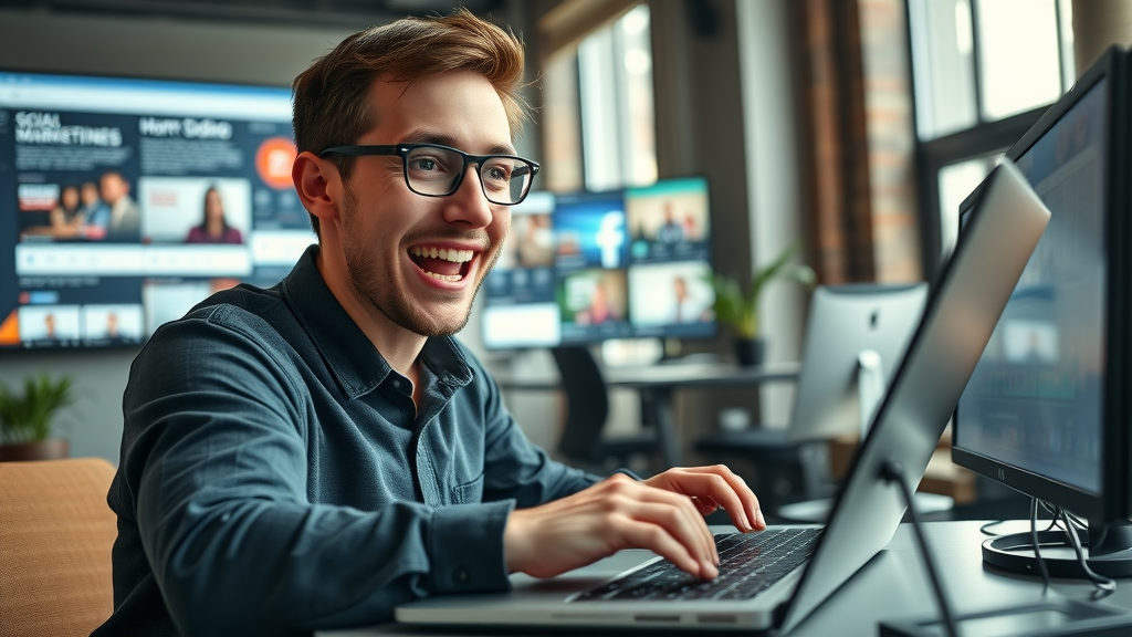 Small business video tips - young marketer editing short marketing video on laptop for social platforms