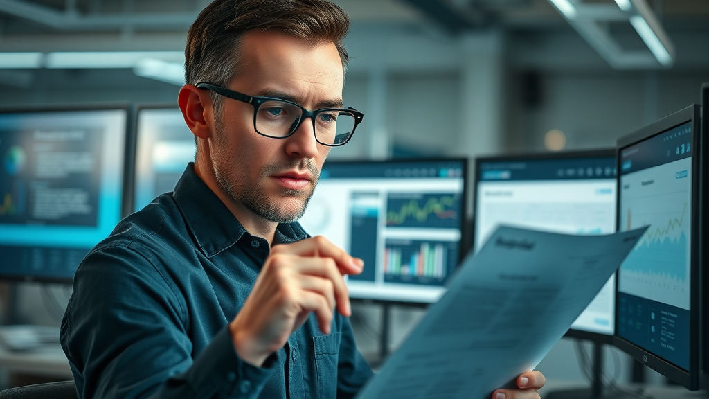 SEO expert highlighting target keywords in digital document; modern workspace; on-page optimization in practice