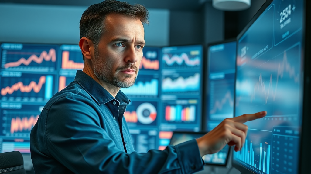 marketing analyst maintaining online authority by monitoring web analytics and search results on digital dashboard