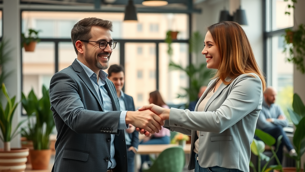Small business owners shaking hands and collaborating to enhance engagement tactics and mutual growth.