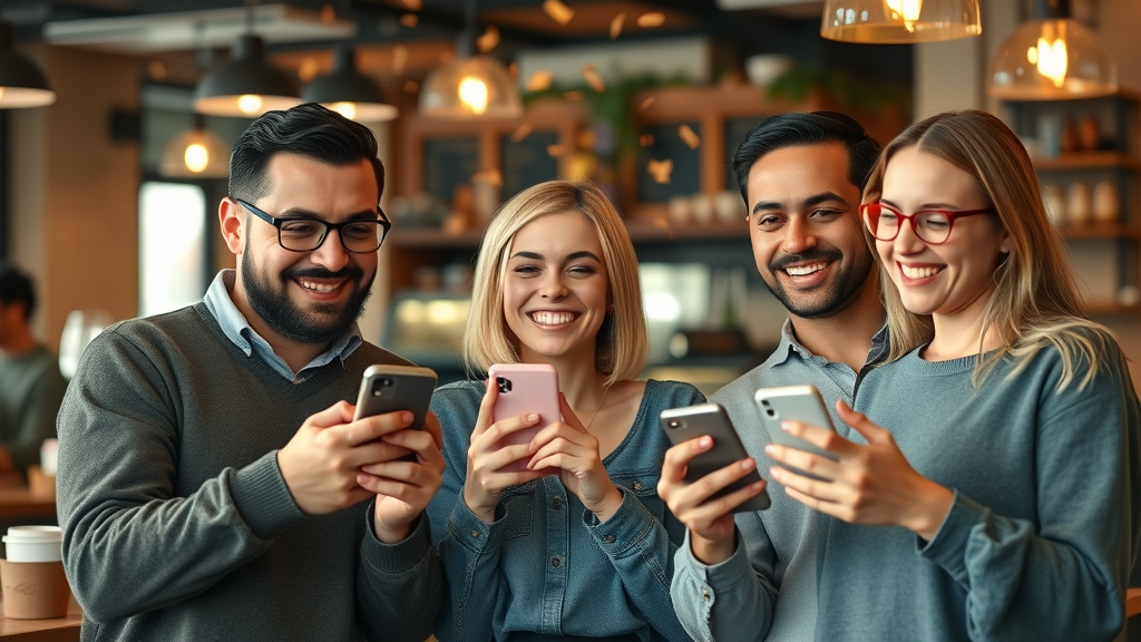 Happy customers sharing referral links, celebrating digital rewards, cozy coffee shop, animated digital elements, confetti, warm tones, community atmosphere