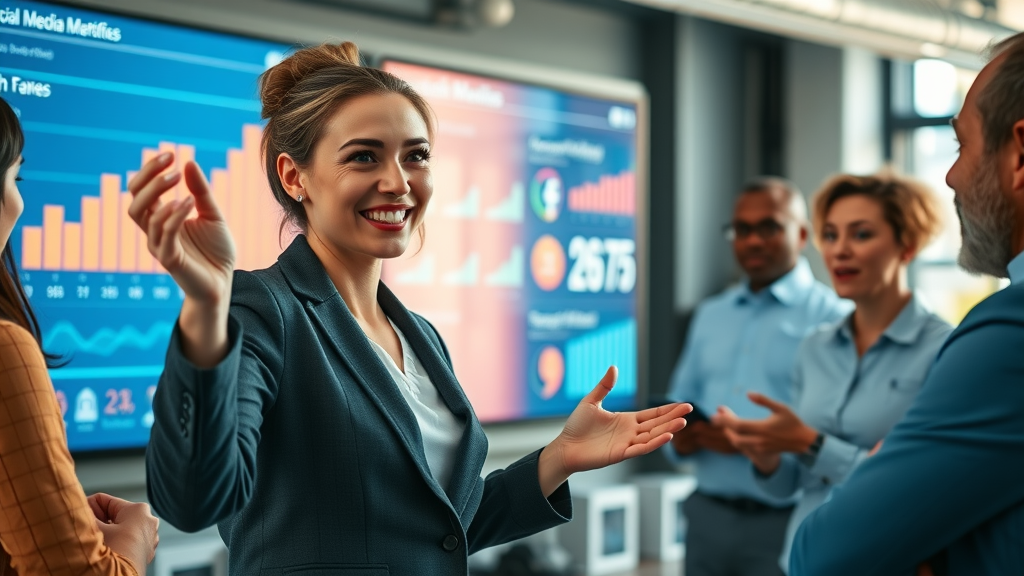 small business lead generation social media strategies businesswoman leading digital marketing meeting, engaging team