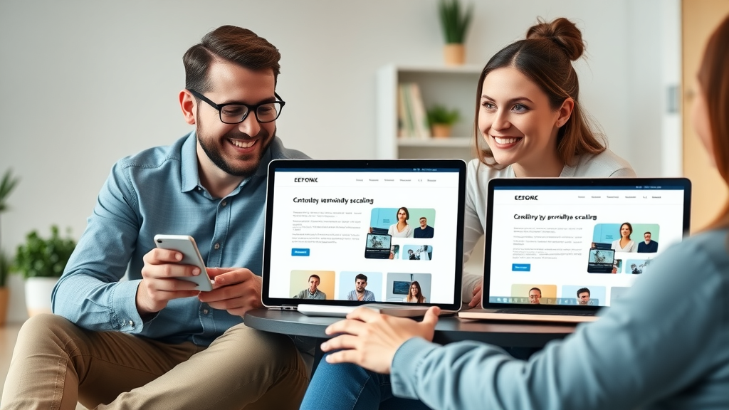 User-friendly mobile-friendly website displayed on smartphone, tablet, and laptop, with happy users and smooth navigation.