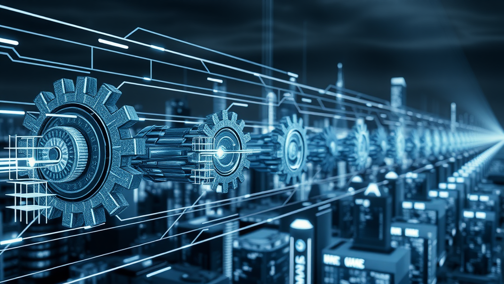 Scalable content marketing pipeline moving quality leads through digital funnel, futuristic cityscape background
