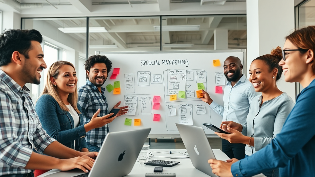 diverse marketing team strategizing around a video campaign storyboard, engaging video content planning in modern digital office