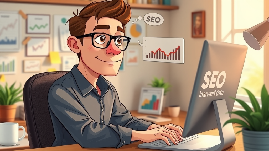 seo marketer analyzing keyword data charts, SEO techniques animated charts, cozy workspace