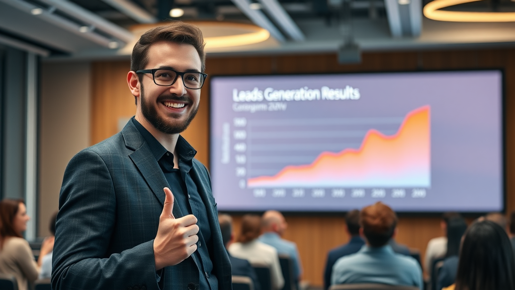 Entrepreneur presenting before-and-after lead generation strategy success