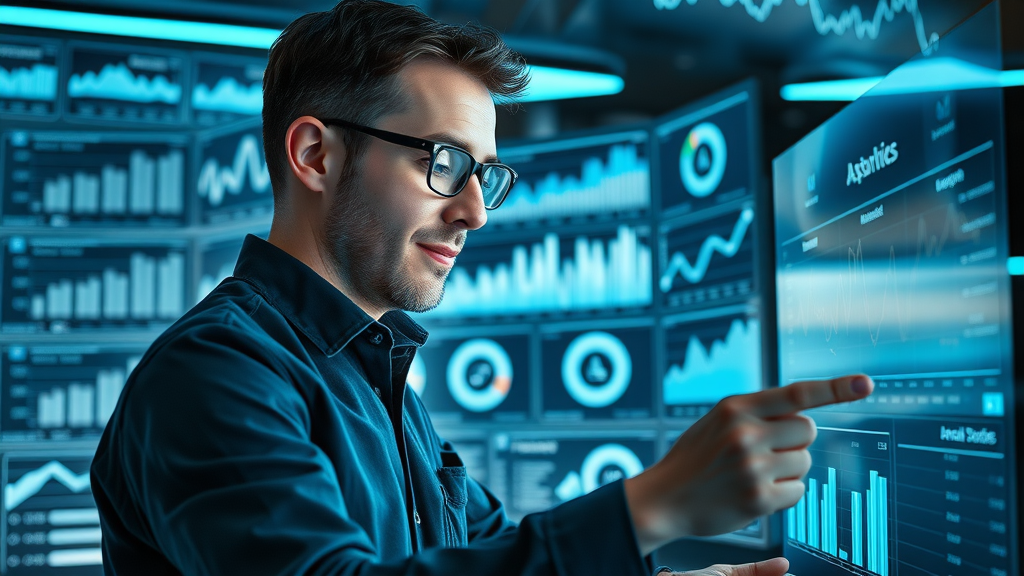 Analytical marketer reviewing email marketing performance dashboards with futuristic analytics hub