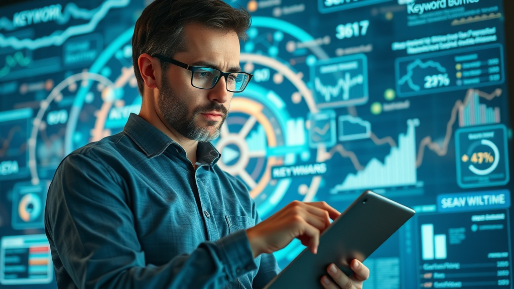 SEO strategist examining keyword research tools, digital tablet and notebook, local seo