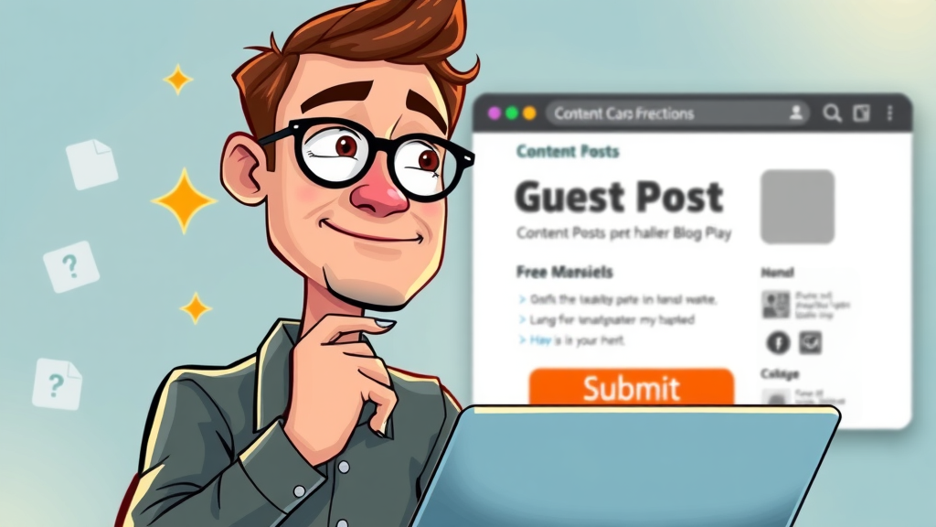 thoughtful content creator submitting a guest post article online with a submit button on a blog interface