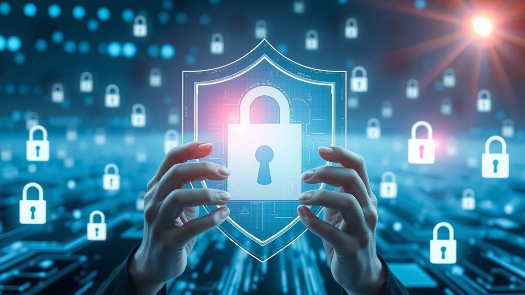 secure data privacy in digital ad campaign trends with shield and floating data elements