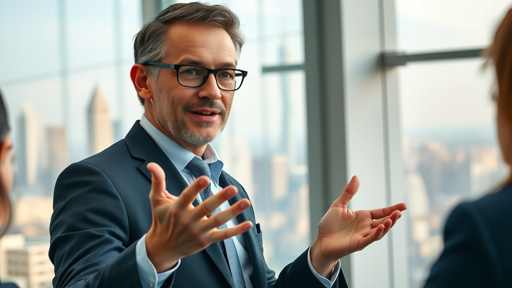 authoritative media platforms - influential business leader presenting a media growth strategy, modern office skyline, Photorealistic High Fidelity, natural daylight