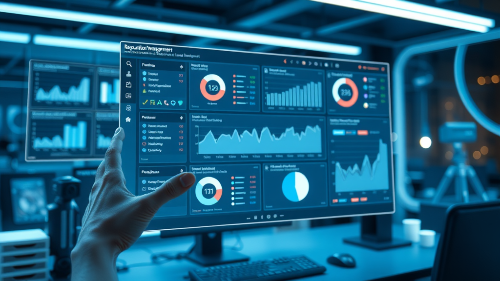 user interface of reputation management software, dashboards and analytics for online reputation